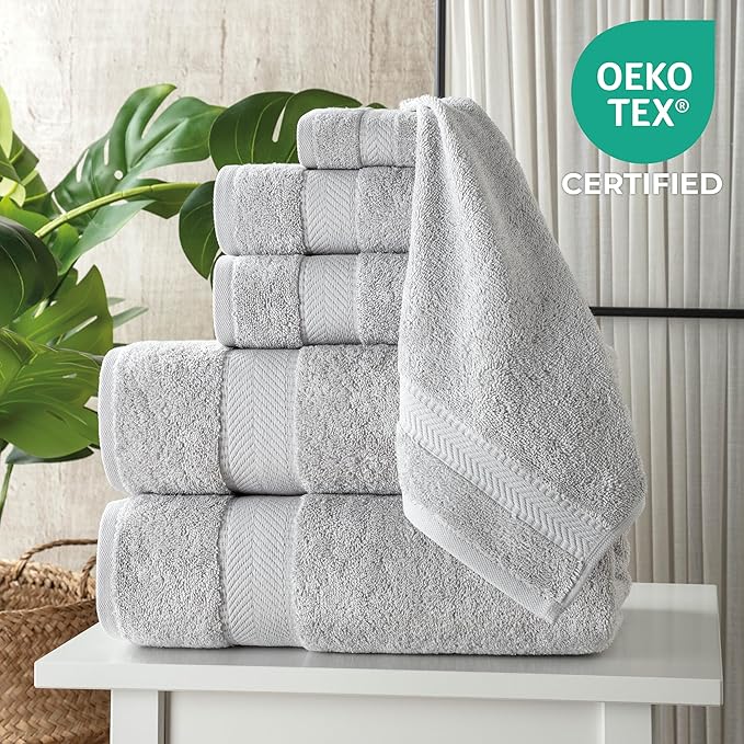TEXTILOM 100% Turkish Cotton 6 Pcs Luxury Bath Towels, Soft & Absorbent Bathroom Towels Set (2 Bath Towel, 2 Hand Towel, 2 Washcloths)- Light Grey
