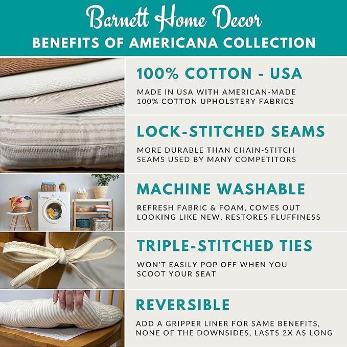 Barnett Home Decor Dining Chair Cushions with Ties, 16.5 x 18, Pack of 4 – Madrid Grey Gingham Check – 100% Cotton, Latex Foam Fill, Made in USA