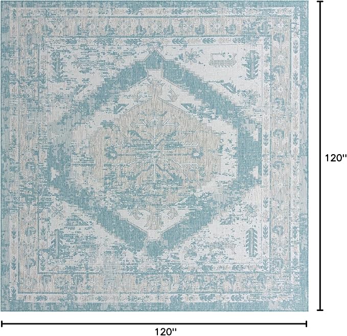 Unique Loom Outdoor Traditional Collection Area Rug - Valeria (10' Square, Aqua/ Ivory)