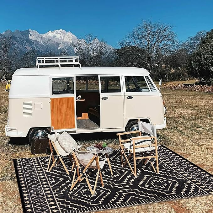 Wonnitar Outdoor Rug for Patio Clearance, 5x8 Waterproof Reversible Plastic Straw Rug, Moroccan Outside RV Area Rug for Camping, Outdoor Portable Mat for Deck Balcony Porch (Black & Beige,5'x8')