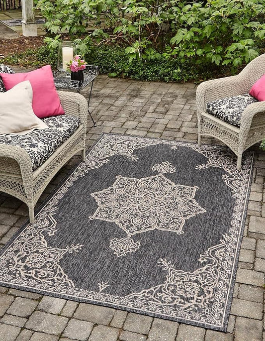 Unique Loom Outdoor Traditional Collection Area Rug - Antique (2' x 3' 1" Rectangle Charcoal Gray/Natural)