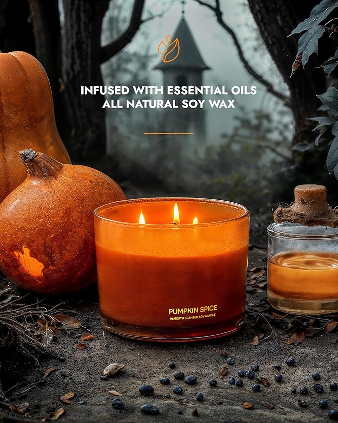 96NORTH Pumpkin Fall Candles | Large 3 Wick Jar Candle | Halloween & Fall Decor | Up to 40 Hours Burning | 100% Natural Soy Wax | Relaxing Aromatherapy Candle | Halloween Candle Gift