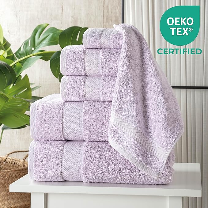 TEXTILOM 100% Turkish Cotton 6 Pcs Bath Towel Set, Luxury Soft & Absorbent Bathroom Towels Set (2 Bath Towels, 2 Hand Towels, 2 Washcloths)- Lilac