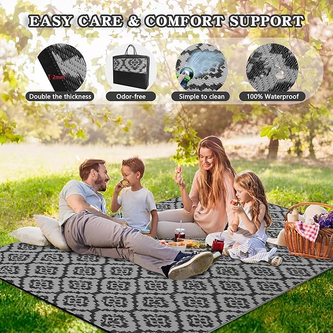 Wallona Outdoor Rugs 5x8 ft Patio Waterproof Clearance Indoor Outdoor Carpet for Patio Plastic Straw Reversible Area Rugs Mat for RV, Camping, Balcony, Beach, Picnic, Porch, Brick Black & Grey