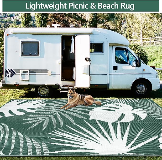 Waterproof Outdoor Rug 9x12 ft, Reversible Plastic Straw Mat with Leaf Pattern, Large Floor Mat for Patio, Camping, Picnic, Backyard RV, Deck, Dark Green