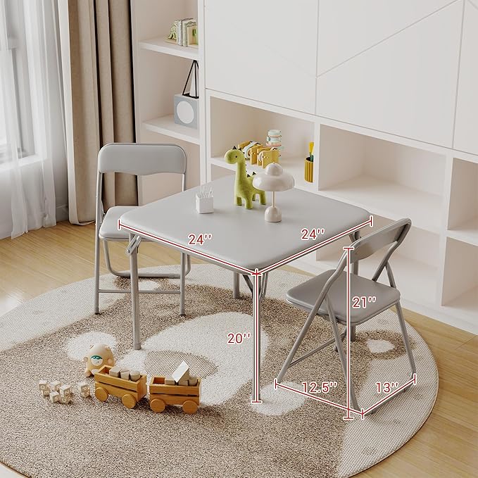 GarveeHome Boys and Girls Folding Table and Chair Set of 3, Featuring a Portable Table and Chairs with Soft Pu Cushions. No Assembly is Required, Perfect for Eating, Reading and Playing, Grey.