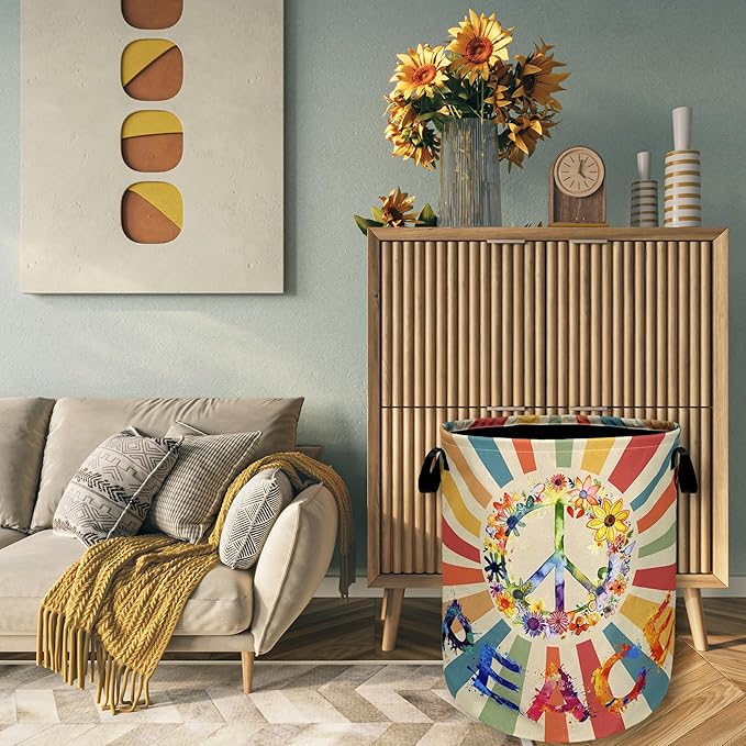 Retro Colorful Hippie Peace Laundry Basket Foldable With Handles Tote Bag Oxford Cloth Funny Laundry Hamper 18.9" x 16.5" Clothes Storage Bucket Toy Organizer For Bathroom/Laundry/Bedroom