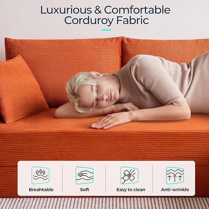 LINSY HOME Modular Sectional Sleeper Sofa Convertible Sofa Bed with 2 Pillows & Ottoman, L Shaped Folding Sofas Corduroy Couch Bed Compression Floor Sofa for Living Room Apartment (Orange)