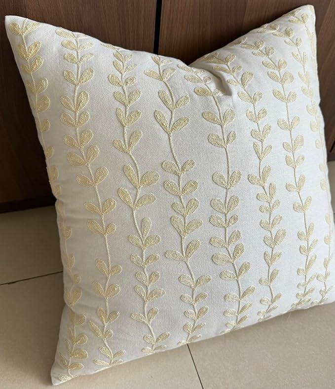VAGMINE Embroidered Floating Leaves Throw Pillow Cover - 18x18 Inches Square - 100% Cotton Ivory Decorative Cushion Cover - Timeless Nature-Inspired Accent for Sofa, Couch & Modern Decor - Cream