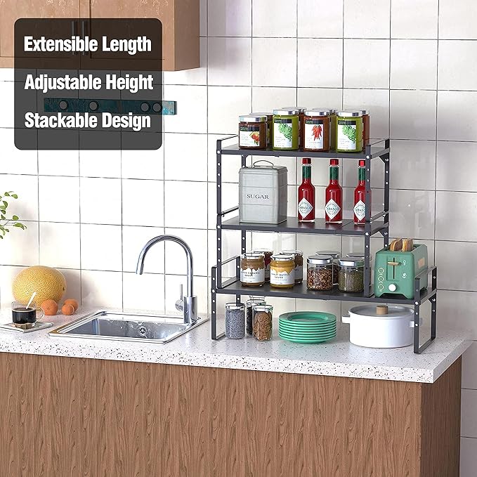 Expandable Kitchen Cabinet Storage Shelf, Stackable Metal Pantry Storage Shelves Organizer, Adjustable Height Counter Spice Rack for Kitchen Cabinet, Countertop, Pantry and Office