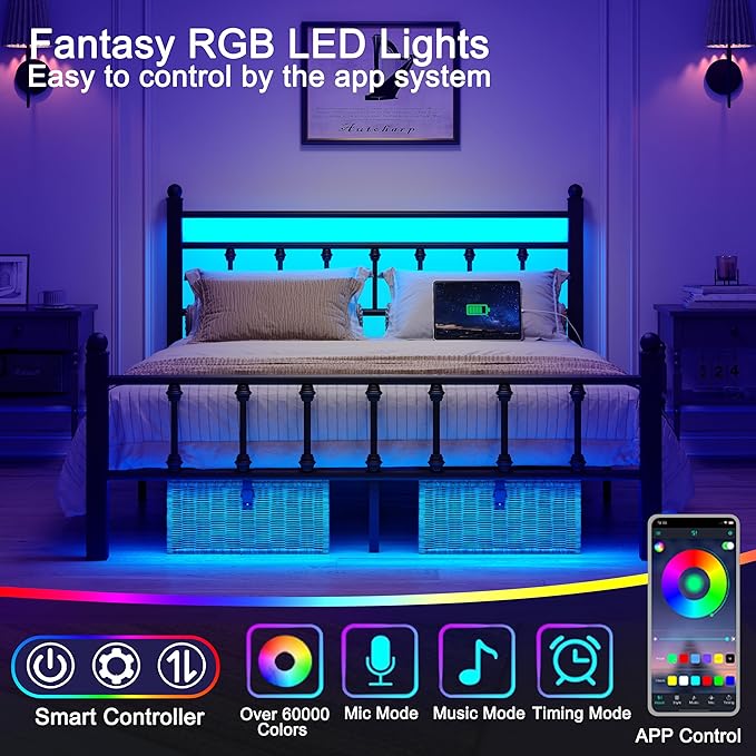 Full Bed Frame with Smart LED Lights, Storage Headboard and USB Charging Station,Heavy Duty Wooden Slats, No Box Spring Needed, Noise Free, Easy Assembly (Retro Black, Full)