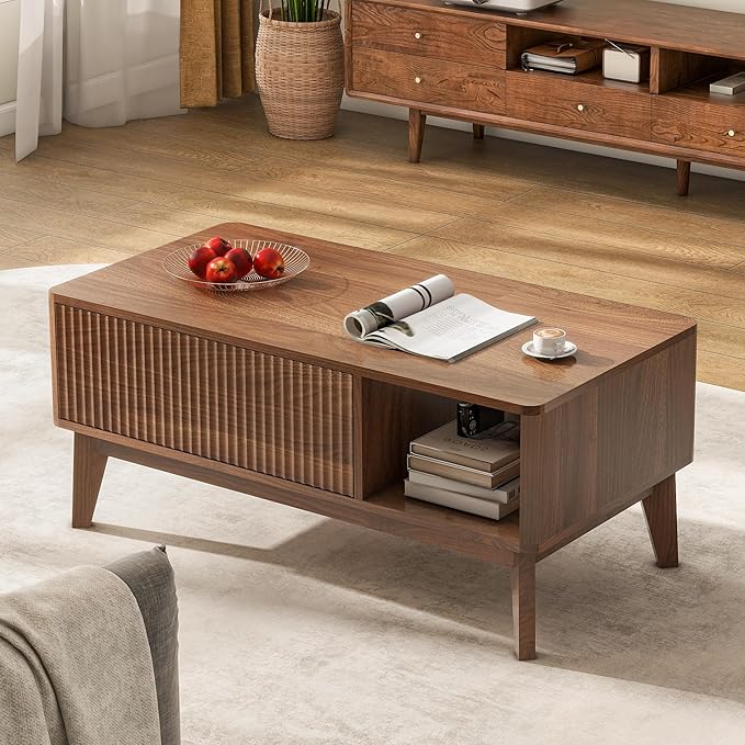 LYNCOHOME Fluted Lift Top Coffee Table with Hidden Compartment, Modern Center Table for Living Room, Home Office(Walnut)