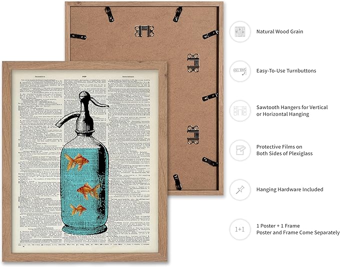 Poster Master Dictionary Art Poster - Goldfish Bowl Print - Fish Art - Aquarium Art - Gift for Men, Women & Animal Lover - Minimal Decor for Living Room, Bathroom or Office, 8x10 Beige Framed