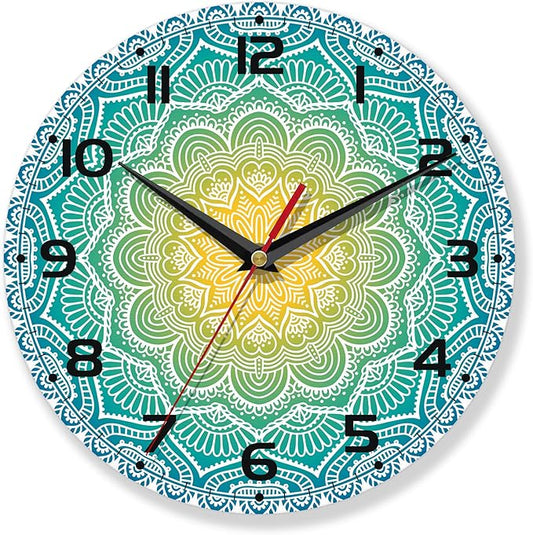 Wall Clocks Battery Operated,Blue Yellow Mandala Clock for Living Room,Decorative Wall Clock for Living Room, Bedroom, Bathroom and Kitchen,10 Inch