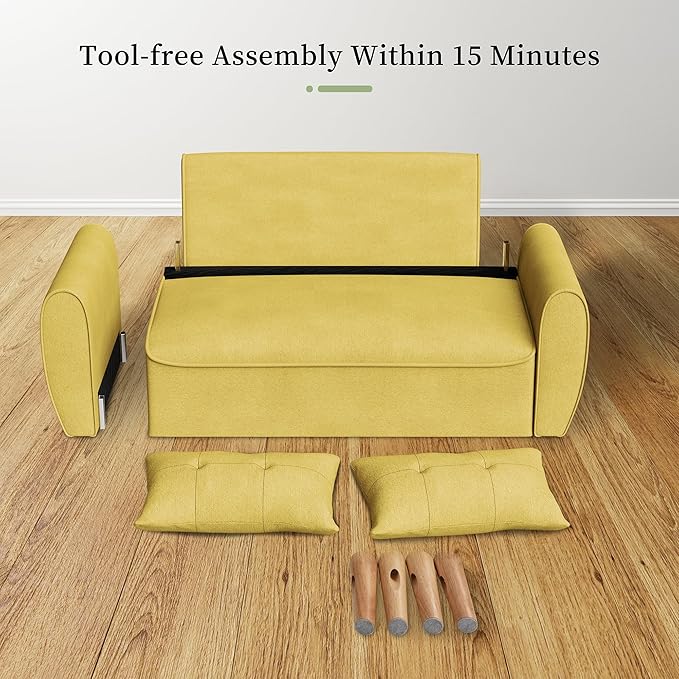 Vongrasig 47" Small Modern Loveseat Sofa, Mid Century Linen Fabric 2-Seat Sofa Couch Tufted Love Seat with Back Cushions and Tapered Legs for Living Room, Bedroom and Small Space (Yellow)