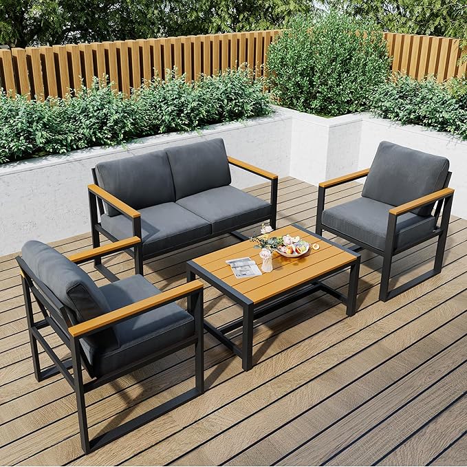 Pamapic 4 Pieces Outdoor Patio Furniture Set, Modern Metal Balcony Furniture with Plastic-Wood Coffee Table, All-Weather Patio Conversation Set with Thick Cushion for Balcony, Porch, Gray