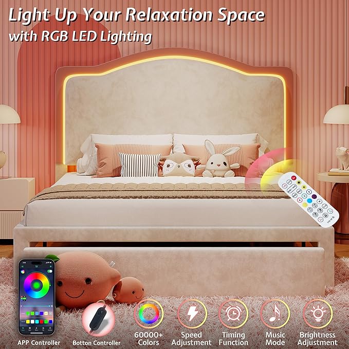 Jocisland Twin Bed Frame with 51" Tall & Thick Adjustable Headboard, Storage Drawer, RGB LED Lights, No Box Spring Needed, Velvet Upholstered, Cream