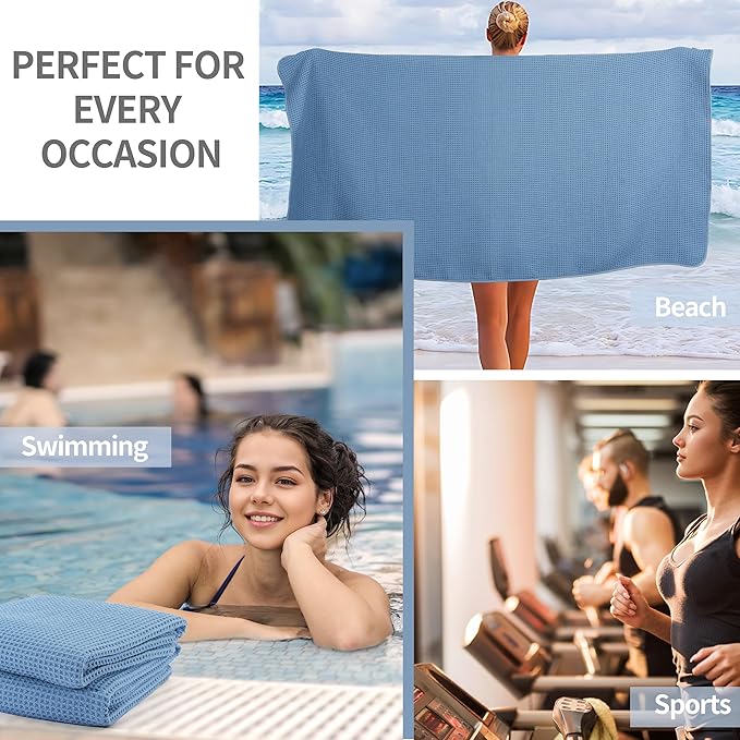 Microfiber Waffle Bath Towels, 4 Pieces, Soft, Absorbent, Fast Drying, Lint Free (Blue)