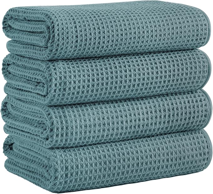 Microfiber Waffle Bath Towels, 4 Pieces, Soft, Absorbent, Fast Drying, Lint Free (Green)