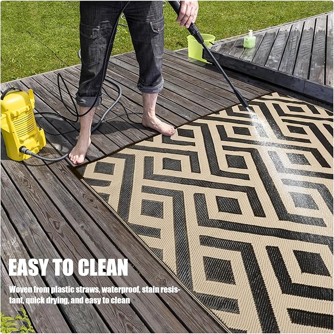 Terrug Outdoor Rug Waterproof 4x6 Ft, Foldable Outdoor Plastic Straw Rug, UV Reversible Patio Rug Decor, Outdoor Area Rug for Camping, RV, Porch, Deck, Backyard, Balcony, Picnic, Black & Beige