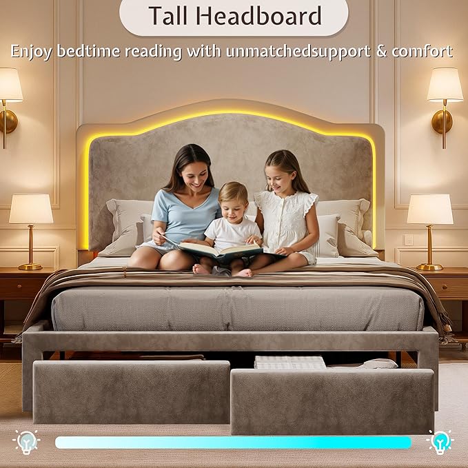 Jocisland Full Bed Frame with 51" Tall & Thick Adjustable Headboard, Storage Drawers, RGB LED Lights, No Box Spring Needed, Velvet Upholstered, Grey