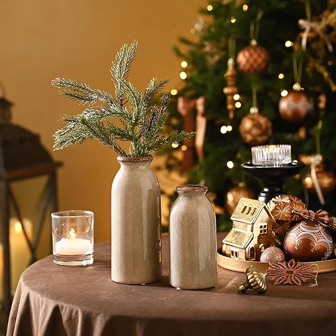 VICTOR & TERESA Green Ceramic Vases Home Decor, Farmhouse Vase for Flowers, Flower Vase Set of 2, Rustic Decorative Vases for Pampas Grass, Table, Living Room, Shelf, Centerpieces, 8 inch