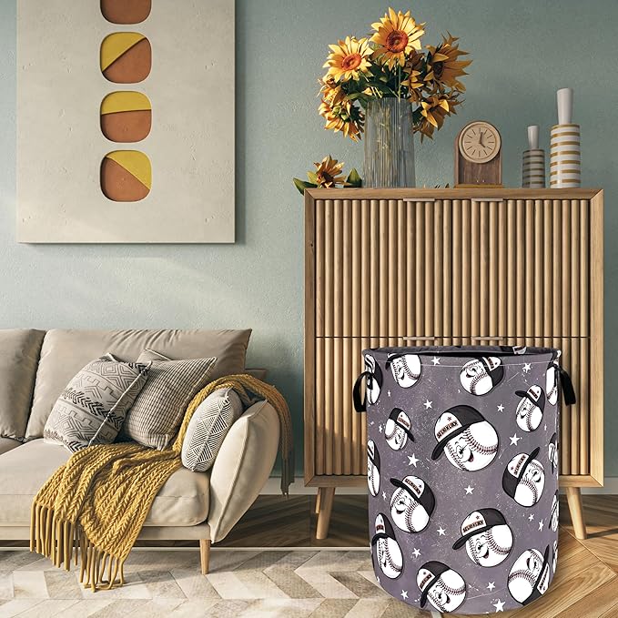 Funny Baseball Laundry Basket Foldable Oxford Cloth Baseball Laundry Hamper With Handle Portable Clothes Storage Basket 18.9 X 16.5 Inch Storage Bag For Laundry Room/Bathroom/Bedroom