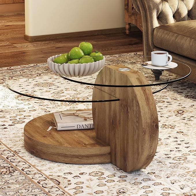 Glass Coffee Table, Modern Round Glass Coffee Table with Wooden Base, 3 Tier Round Coffee Table, Clear Cocktail Table with Storage for Living Room, Office, Balcony, Wood