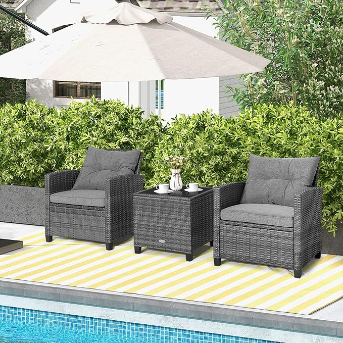 Tangkula 3 Pieces Patio Furniture Set, Outdoor PE Rattan Conversation Chair Set with Tempered Glass Side Table and Removable Cushions, PE Wicker Chairs and Table Set for Porch, Balcony and Garden