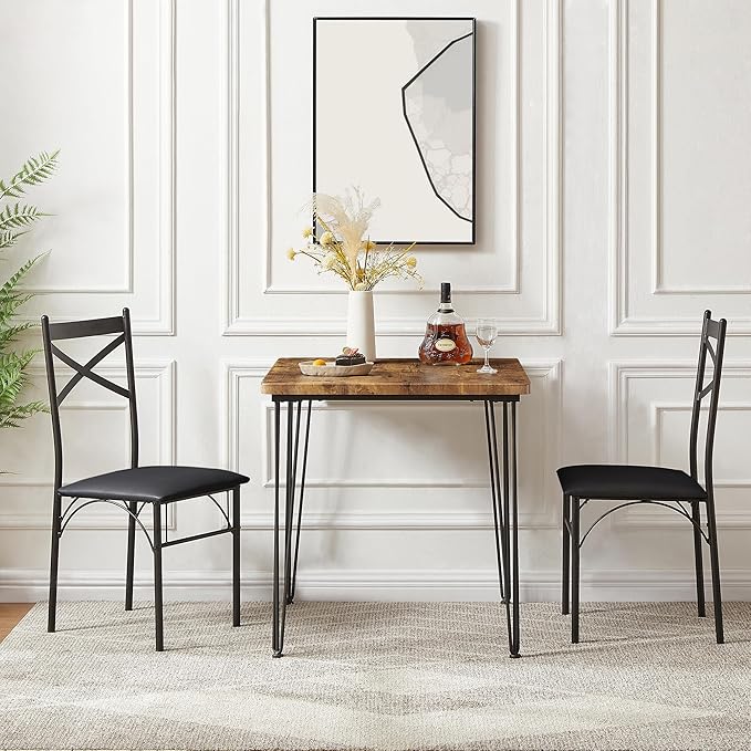 VECELO Kitchen Dining Room Table Set with 2 Chairs for Small Space, Apartment,Metal Steel Frame