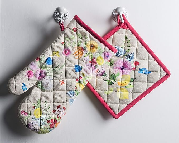 Maison d' Hermine 100% Cotton Oven Mitt & Pot Holder Set (7.5"x13" & 8"x8") Heat Resistant BBQ Cooking Gloves with Loop, Baking, Grilling, Kitchen, Handling Hot Pans Spring/Summer (Jardin D'Ete - Fog)