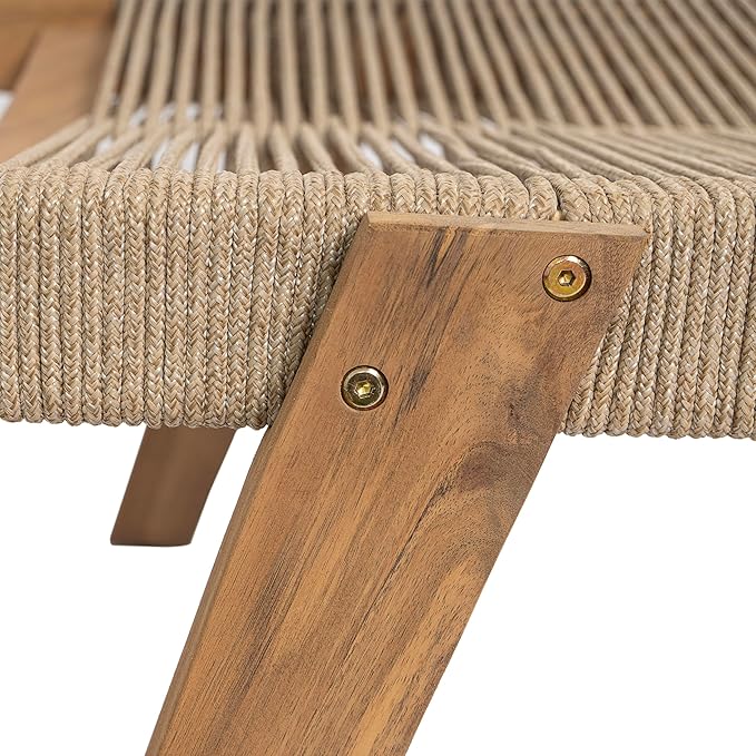 Christopher Knight Home Lurelala Set of 4 Outdoor Patio Wood Adjustable Chaise Lounges with Rope Seating, Rope Chaise Lounge with Acacia Wood Frame, Chaise Lounge for Poolside Balcony, Teak+Beige