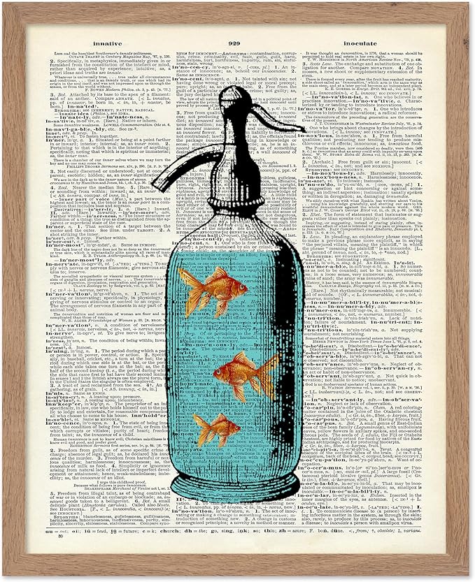 Poster Master Dictionary Art Poster - Goldfish Bowl Print - Fish Art - Aquarium Art - Gift for Men, Women & Animal Lover - Minimal Decor for Living Room, Bathroom or Office, 8x10 Beige Framed