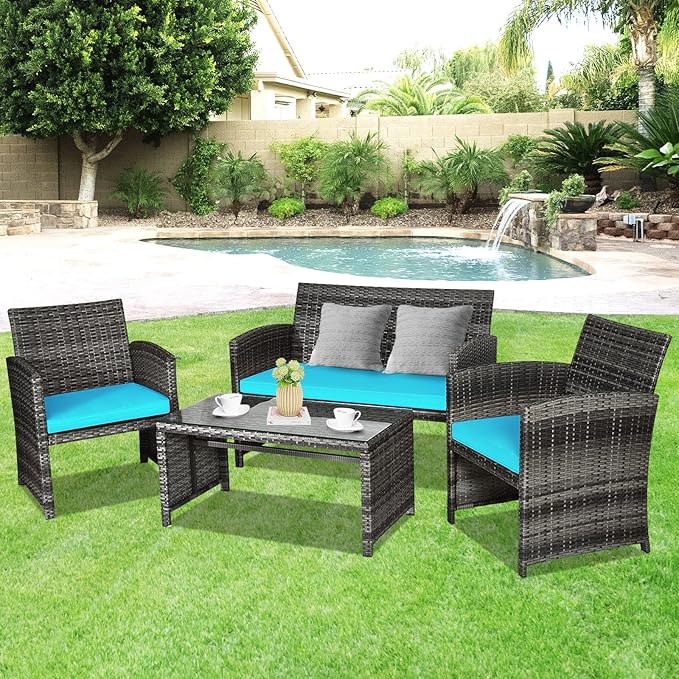 Goplus 4-Piece Rattan Patio Furniture Set, Outdoor Wicker Conversation Sofa with Weather Resistant Cushions and Tempered Glass Tabletop for Lawn Backyard Pool Garden (Turquoise)