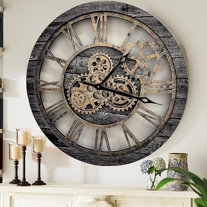 The Gears Clock The Original Real Moving Gear Wall Clock Vintage Industrial Oversized Rustic Farmhouse (24 inch (60cm), Vintage Carbon Grey and Bronze)