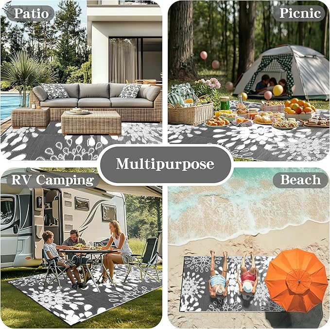 Wallona Outdoor Rugs 5x8 ft Patio Waterproof Clearance Indoor Outdoor Carpet for Patio Plastic Straw Reversible Area Rugs Mat for RV, Camping, Balcony, Beach, Picnic, Porch, Flower Grey & White