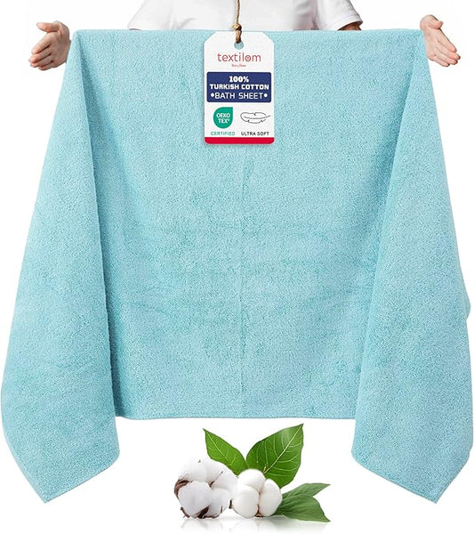 TEXTILOM 100% Turkish Cotton Oversized Luxury Bath Sheets, Jumbo & Extra Large Bath Towels Sheet for Bathroom and Shower with Maximum Softness & Absorbent (40 x 80 inches)- Aqua