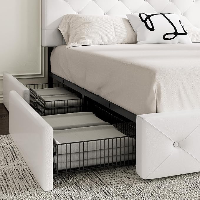 MUTICOR Queen Size Bed Frame with 4 Storage Drawers, Upholstered Platform Bed with Button Tufted Adjustable Headboard, No Box Spring Needed, Easy Assembly, Diamond Tufted, White Leather