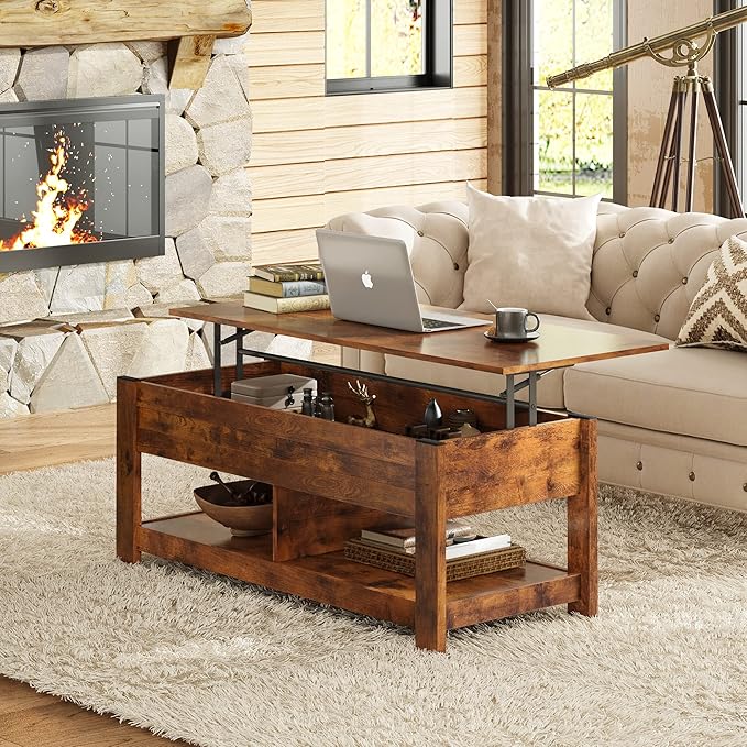 WLIVE Coffee Table, 47" Lift Top Coffee Table with HiddenCompartment and 2 Storage Shelves for Living Room, RusticBrown