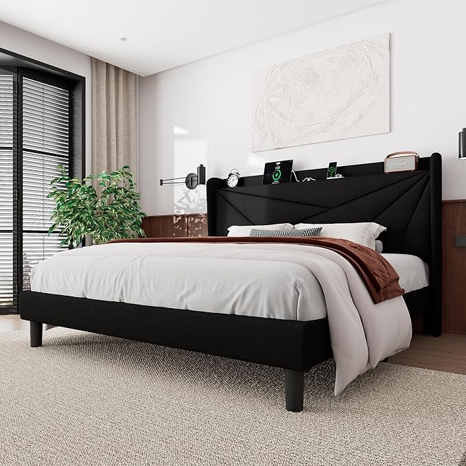 Feonase King Size Bed Frame with Charging Station, Linen Upholstered Platform Bed Frame with Wingback Storage Headboard, Solid Wood Slats Support, No Box Spring Needed, Noise Free, Black