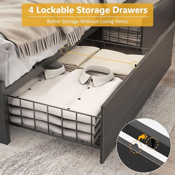 Lifezone Queen Bed Frame with 2-Tier Storage Headboard, Metal Platform Bed Frame with 4 Storage Drawers, Built in Charging Station & LED, Noise-Free/Metal Support/No Box Spring Needed, Rustic Grey