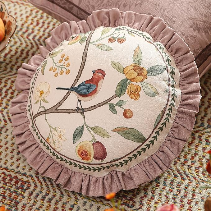 Throw Pillow Covers Pack of 4,Pink Farmhouse with Birds and Flowers Pattern Cozy Velvet Pillowcases,Decoration Square Round Lumbar Pillows Cushion Covers for Couch Sofa Bed Car Chair