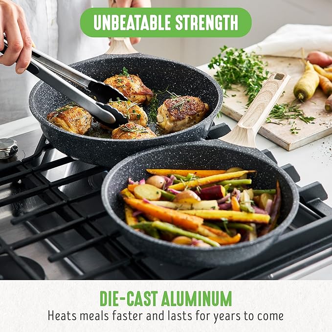 GreenLife Nonstick 2 Piece Frying Pan Set, 9.5" & 11" Skillets Ceramic PFAS-Free Nontoxic, Induction Suitable, Wood Print Handles, Stay-Cool Handles, Deep Cooking Skillets, Egg Pan, Granite Black