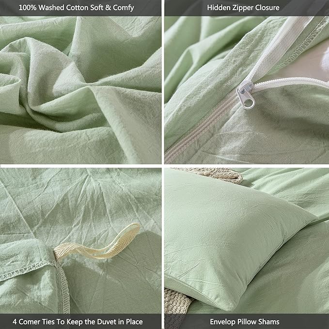 MooMee Bedding Duvet Cover Set 100% Washed Cotton Linen Like Textured Breathable Durable Soft Comfy (Heathered Seaglass Green, Full 80"x90")