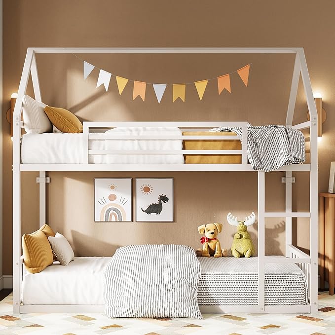 LIKIMIO Bunk Bed Twin Over Twin, House Bunk Bed Frame with Ladder and Guardrail, House Shaped with Metal Slats for Dormitory and Bedroom, Space Saving, No Box Spring Needed, White