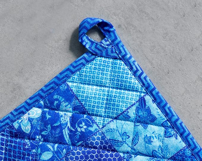 Maison d' Hermine Pot Holders Set 100% Cotton Heat Resistant Potholders 8" x 8" Hot Pads with Loop BBQ, Cooking, Baking, Grilling, Kitchen, Handling Hot Pans Spring/Summer (Pack of 2, Indigo Love)