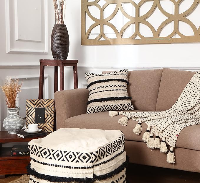 REDEARTH Handmade Boho Throw Pillow Covers - Bohemian Chic Farmhouse Style - Accent Woven Indoor and Outdoor Pillow Cushion Cases for Couch - Bed - Chair - Sofa - Benches – Set of 2-18"x18" - Black