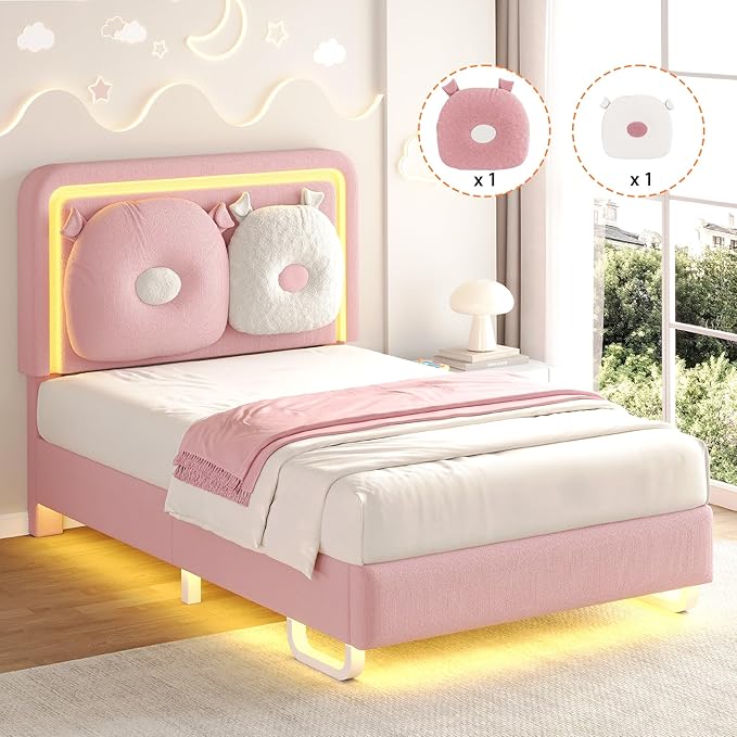 Twin Size Upholstered Bed Frame with LED Lights, Girls Bed with Adjustable Chic Double Headboard, Boucle Princess Platform Bed for Kids/Girls, Solid Wood Slats Support, No Box Spring Needed, Pink