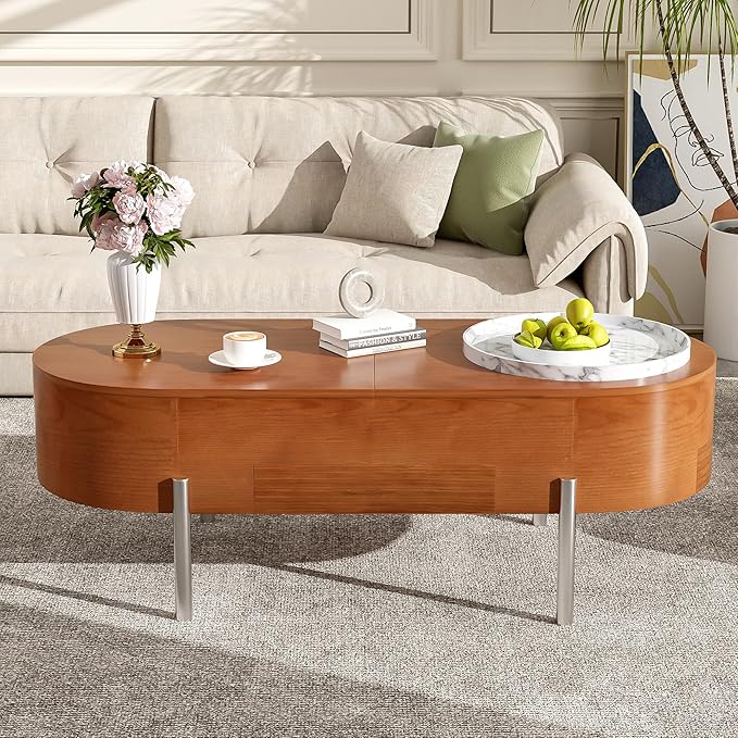 WILLIAMSPACE 47.2" Oval Lift Top Coffee Table with 360-degree Marble-Patterned Rotating Tray, Modern Wooden Center Table Side End Table Lift Tabletop with Hidden Compartment for Living Room, Brown