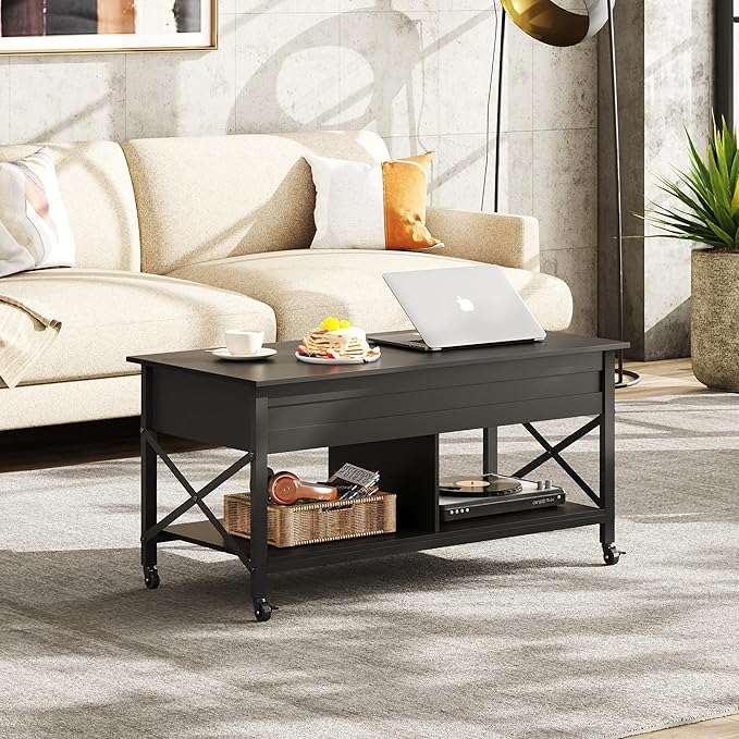 WLIVE Coffee Table, 41.3" Lift Top Coffee Table with 4 Wheels, Hidden Compartment, Storage Shelf and Lift Tabletop for Living Room, Reception Room, Black